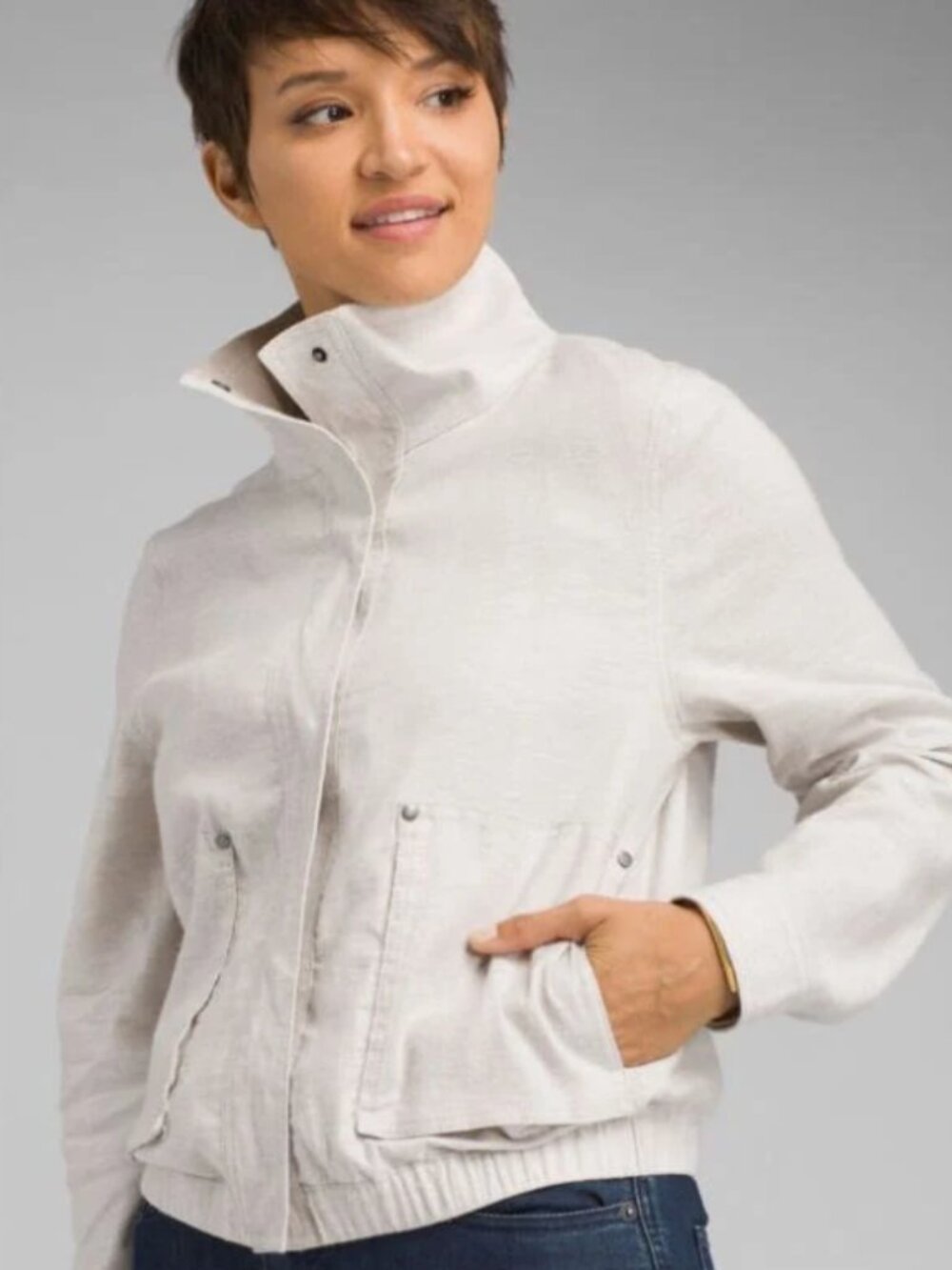 Prana Snider Snap Front Moto Jacket Large Light Gray Hemp Tencel Lightweight